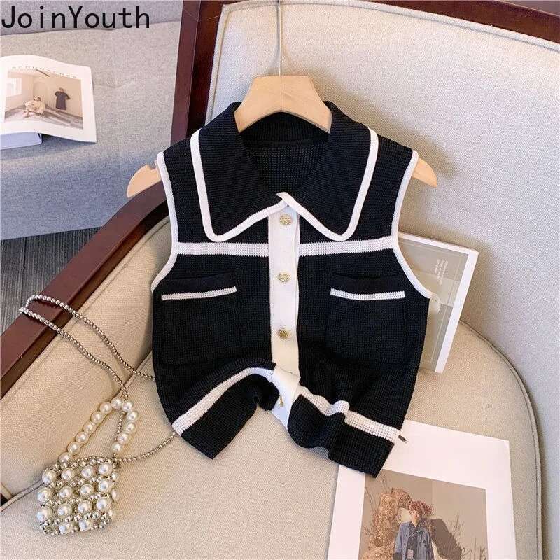 Vintage Sweater Knitted Vest Womens Clothing Temperament Sleeveless Summer Waistcoat Cropped Tops Casual Fashion Tunic Tanks