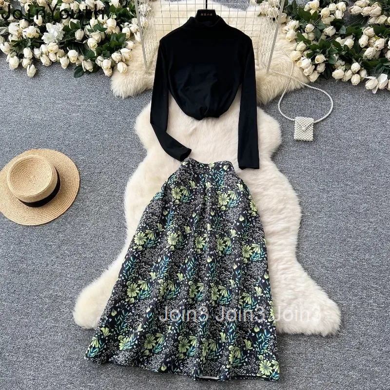 Two Piece Sets for Women High Waist Floral A-line Skirt Long Sleeve Tunic Tops Outfits Roupas Femme Fashion Korean Vintage Suit