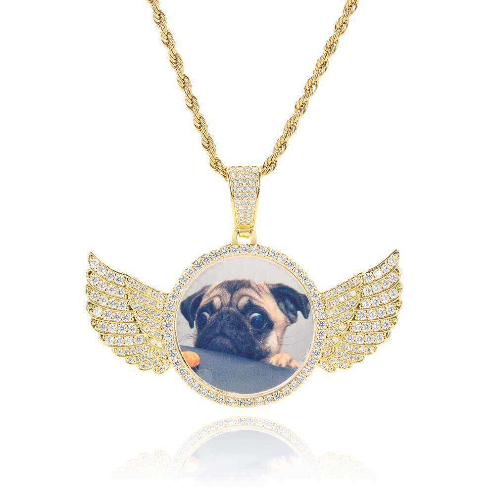 Hip Hop Memory Angel Wings Round Pendant Copper Inlaid Zircon DIY Creative Photo Frame Necklace Jewelry 10d4