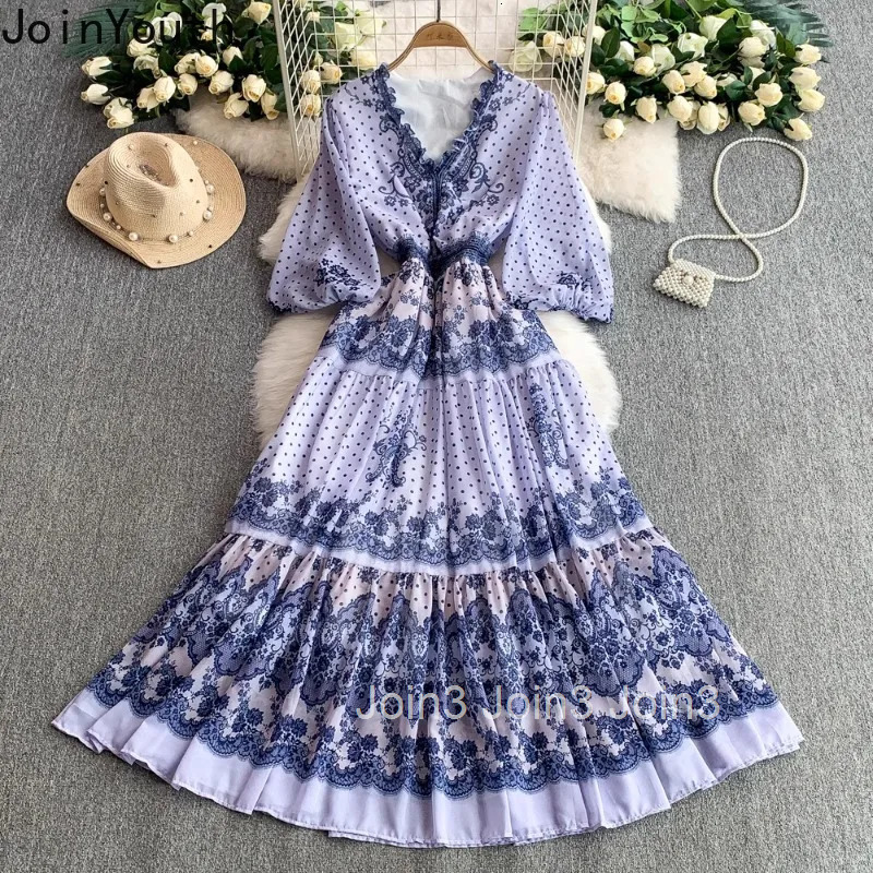 Elegant Print Dress Women V-neck Ruffles Lantern Sleeve Robe Femme 2025 Vestidos De Mujer Vintage Big Swing Summer Maxi Dresses