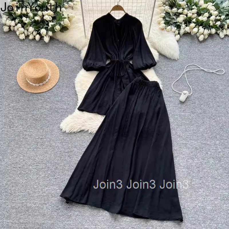 Skirt Outfits Summer 2 Piece Set Womens Clothing Bandage Long Blouses High Waist A-line Skirts Suit Roupas Femme Vintage Sets
