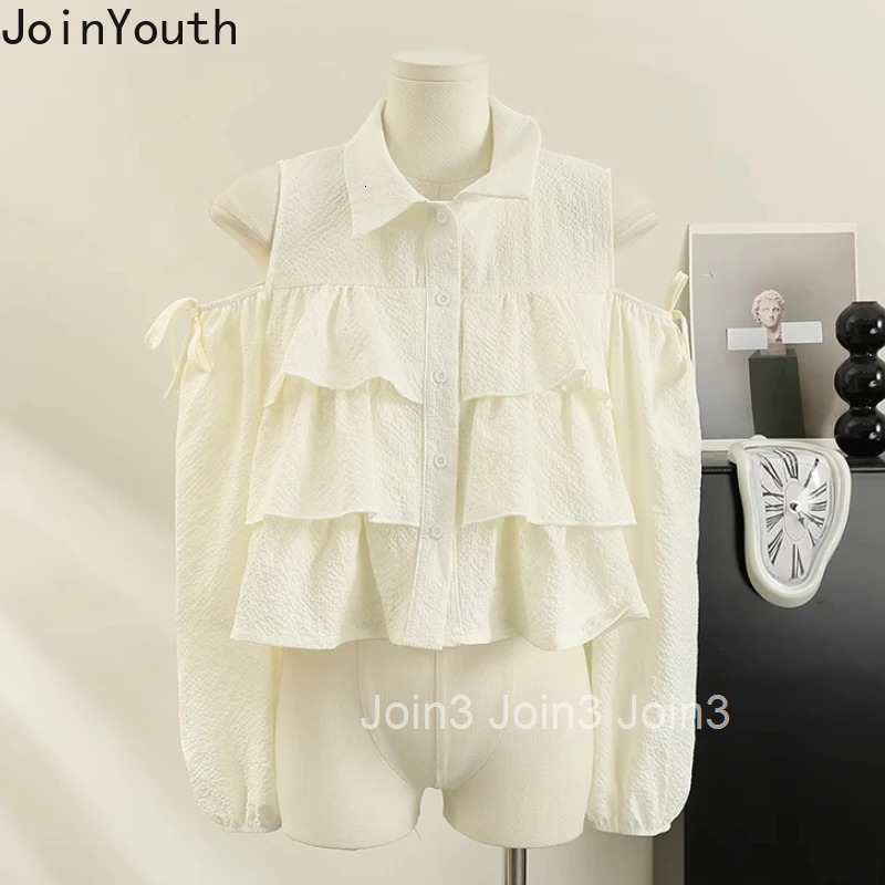 Crop Tops Blouses for Women 2025 Blusas Mujer De Moda Long Sleeve Off Shoulder Shirts Folds Bandage Ruffles Summer Sweet Blouse