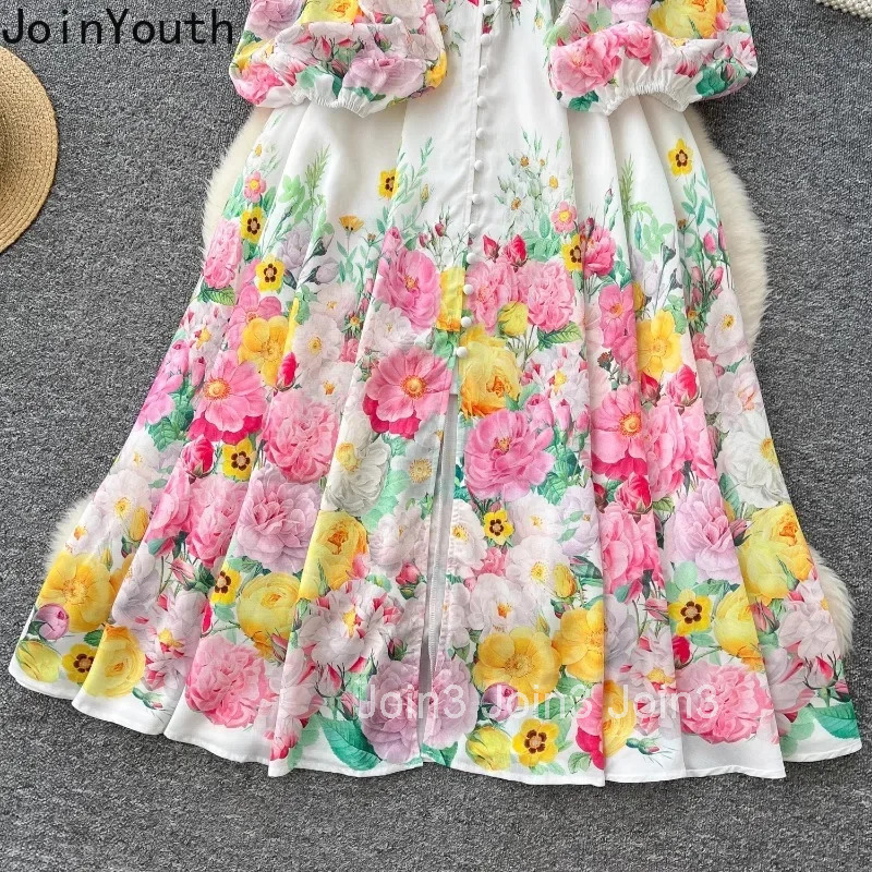 2025 Vestidos Mujer De Moda Floral Elegant Dress for Women Slim Waist Single Breasted Lantern Sleeve Robe Femme Maxi Dresses