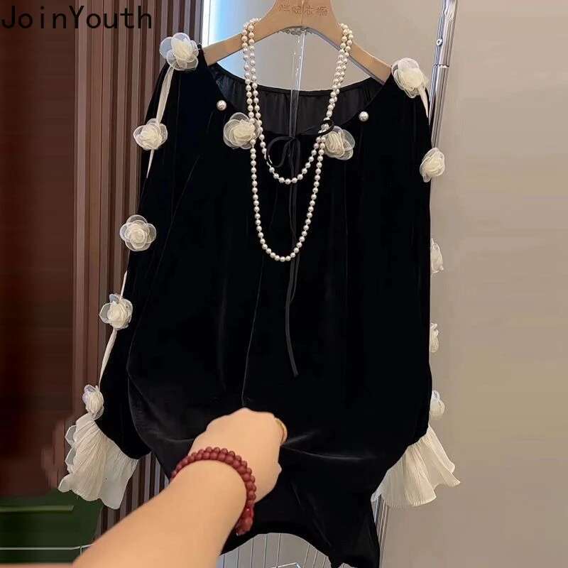Heavy Beading Shirts 2025 Women Clothing Camisas De Mujer 3D Floral Loose Blouses Vintage Black Tops Chic Velvet Korean Blouse