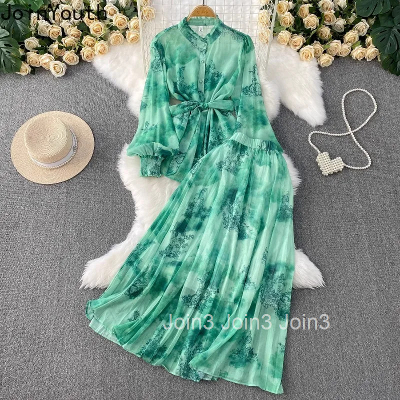 Women Clothing Skirt Suit Summer Floral Print 2 Piece Set Stand Neck Lantern Sleeve Bandage Shirt A-line Pleated Skirts Outfits