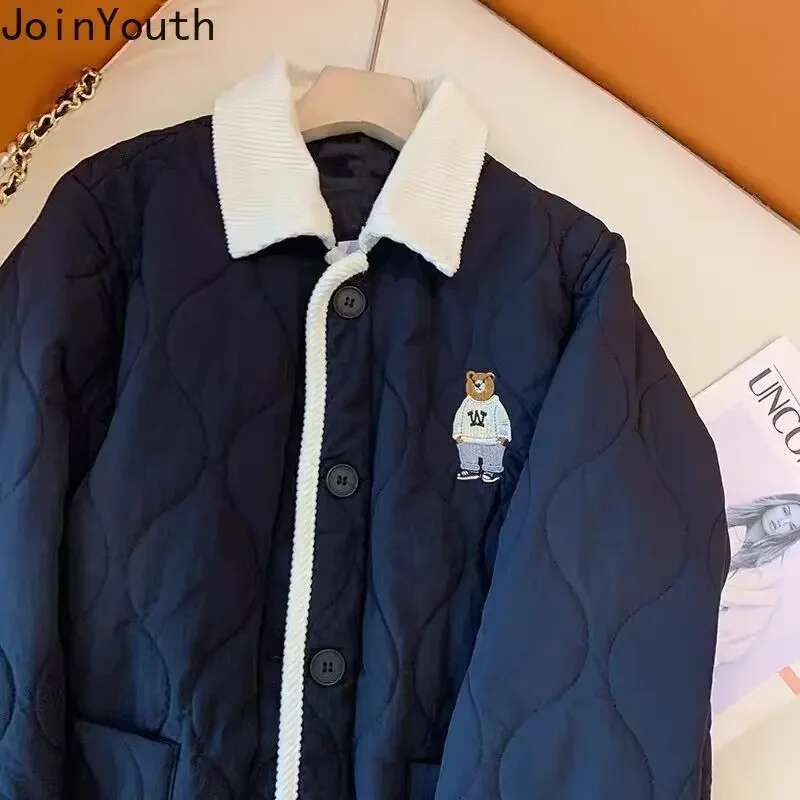 Korean Parkas Cute Bear Embroidery Oversized Jackets 2025 Ropa Mujer Fall Winter Clothes Casual Fashion Warm Vintage Coat Tops