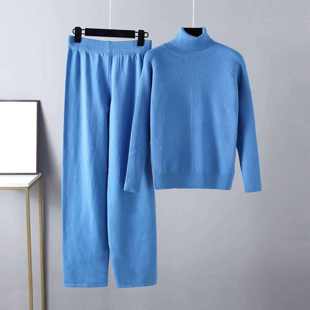 Designer Leisure High Quality Knitted Two Piece Suit Womens' Fall Winter Temperament Sweatshirts Set Wide Leg Pants And High Neck Sweater Outfit