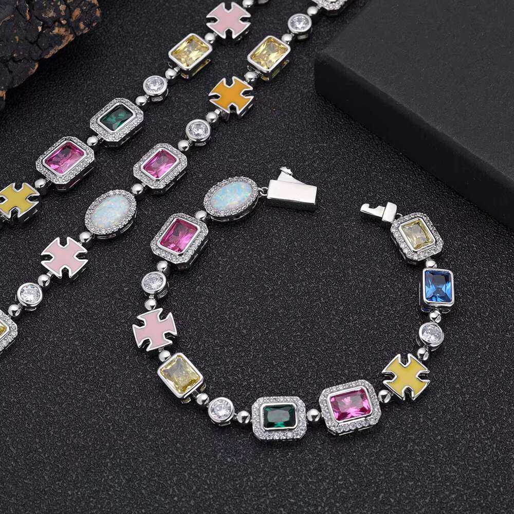NUOYA 10mm Custom Multi Color Enamel Bling Cz Stone Chain Silver Geometric Gemstone Motif Iced Out Chain Necklace