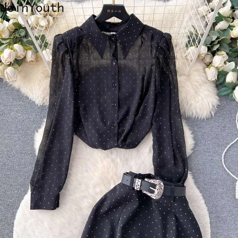 Women Clothing Temperament Two Piece Sets Long Sleeve Loose Shirt High Waist Skirts Outfits Roupas Femme Vintage Polka Dot Suit