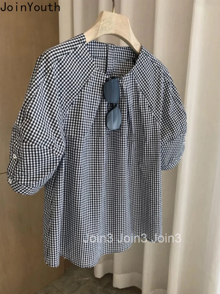 Vintage Camisas De Mujer O-neck Puff Sleeve Blouses Women Clothing Fashion Plaid Shirts Loose Casual Korean Summer Blouse Tops