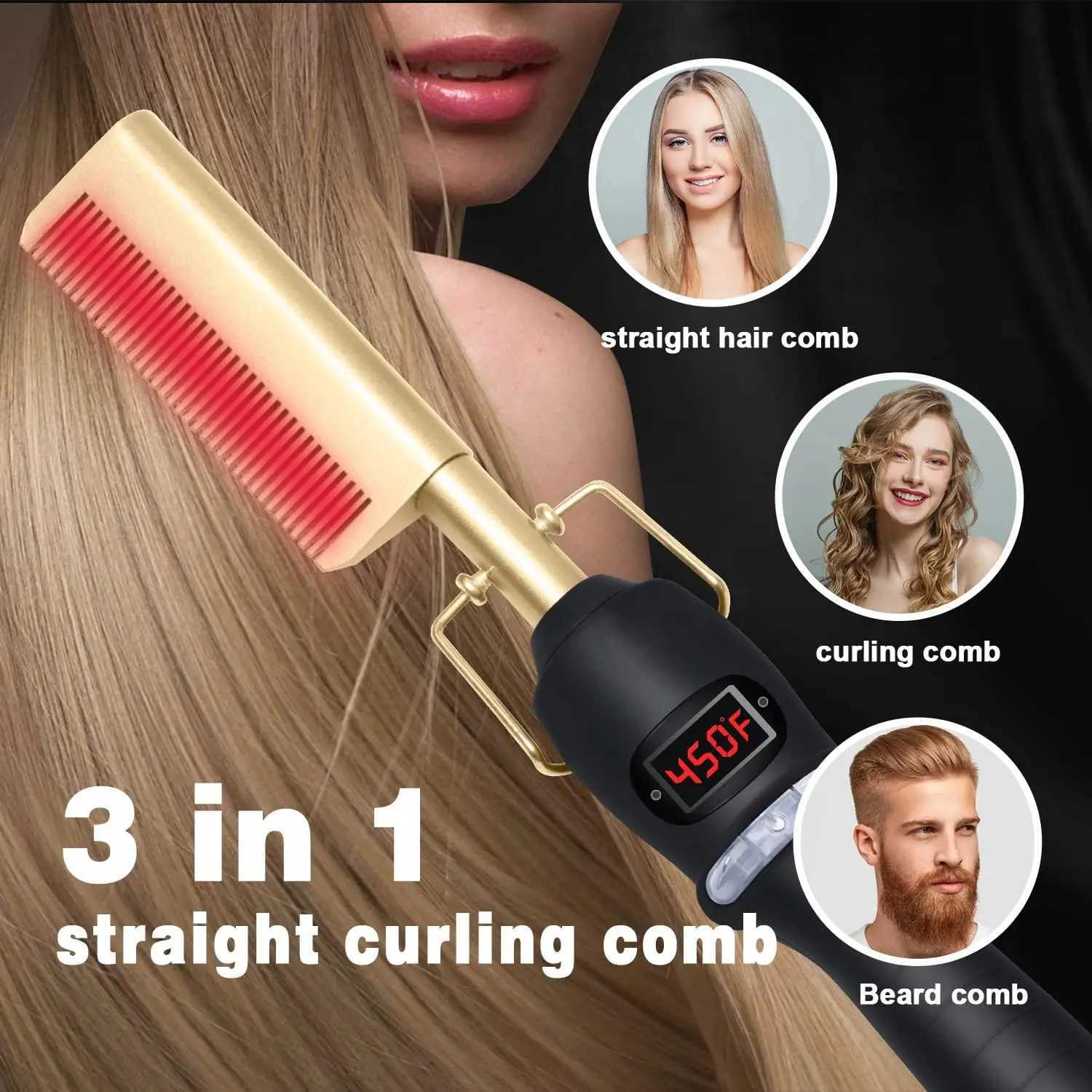 Hot Comb Hair Straightener Heat Pressing Combs LCD Ceramic Curling Iron for Hair Beard Wigs Wet and Dry Hair Styling ToolsXJ250621