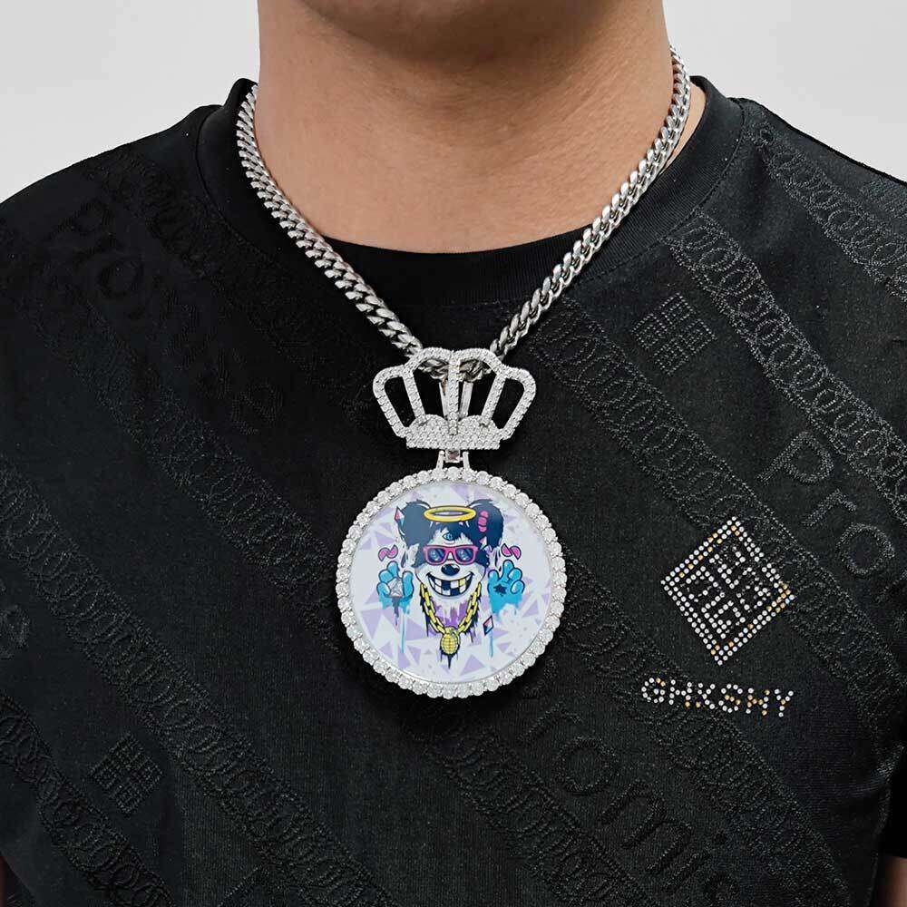 Hip Hop Crown Large Round Personality Pendant DIY Creative Photo Frame Zircon Men's Necklace a680
