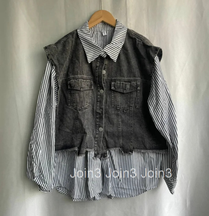Blouse Womens Clothing Vintage Denim Patchwork Fake Two Shirts 2025 Blusas Mujer De Moda Casual Striped Y2k Oversized Tops