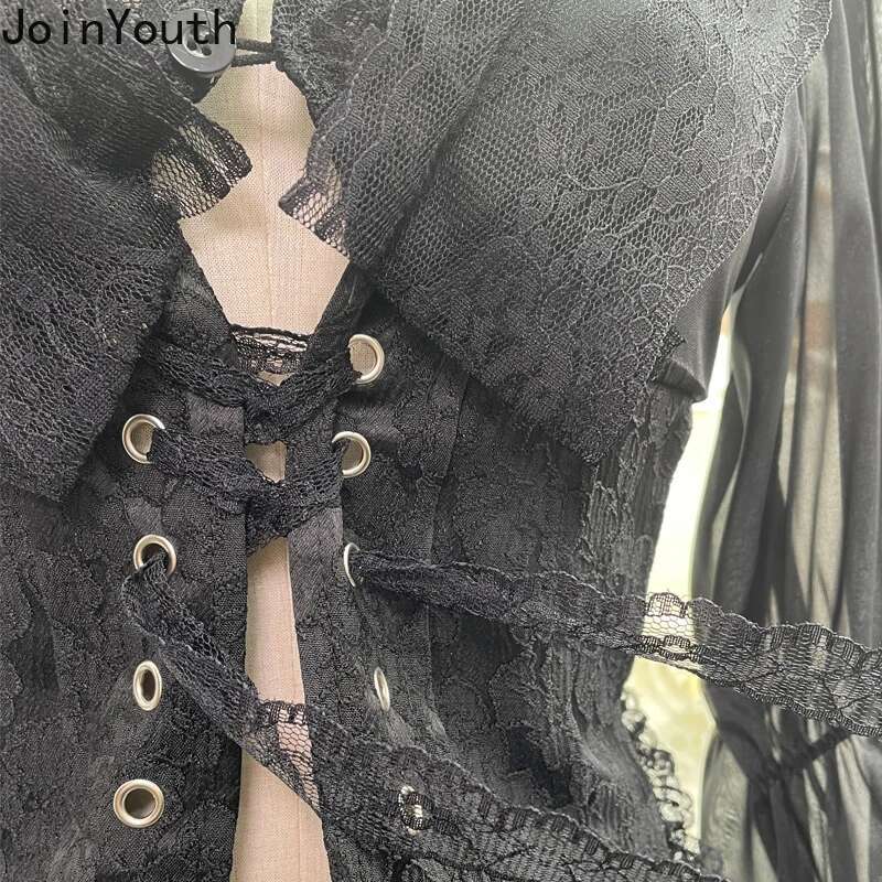 Crop Tops Blouses for Women Long Sleeve Patchwork Lace Slim Waist Bandage Shirts 2025 Camisas De Mujer Chiffon Summer Blouse
