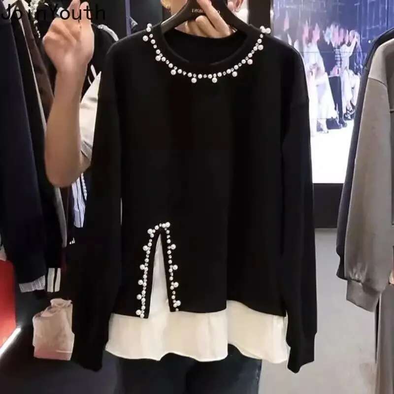 Fake Two Hoodeis 2025 Women Clothes Heavy Beading O-neck Patchwork Y2k Tops Ropa Mujer Contrast Color Fashion Casual Sweatshirts