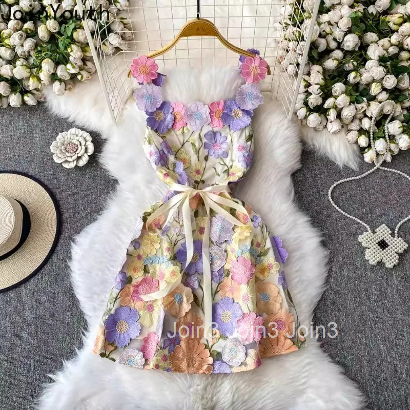 Temperament Robe Femme Sweet Summer Dress Women Clothes 2025 Vestidos De Mujer 3D Floral Sleeveless Tunic Bodycon Mini Drresses