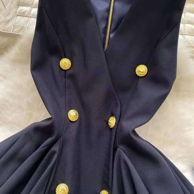 Vintage V-Neck Elegant Sleeveless Chic Double Breasted Slim Short Dresses French Fashion Streetwear High Street Autumn Clothing