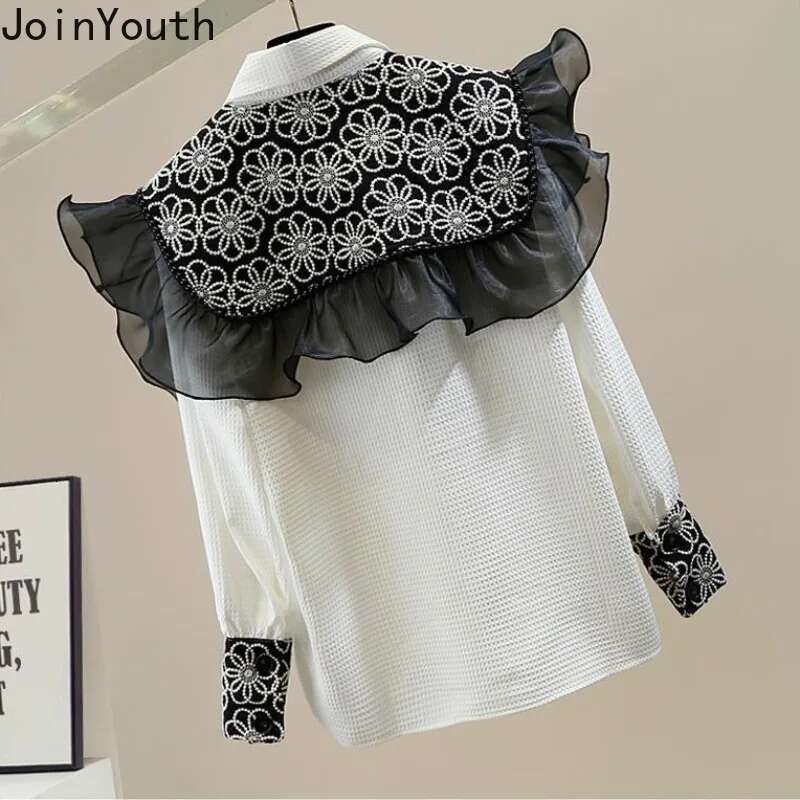 Long Sleeve Women Blouse Fashion Korean Shirts Outfits Two Piece Sets Loose Summer Blouses Ruffles Heavy Embroidery Shawl Suit