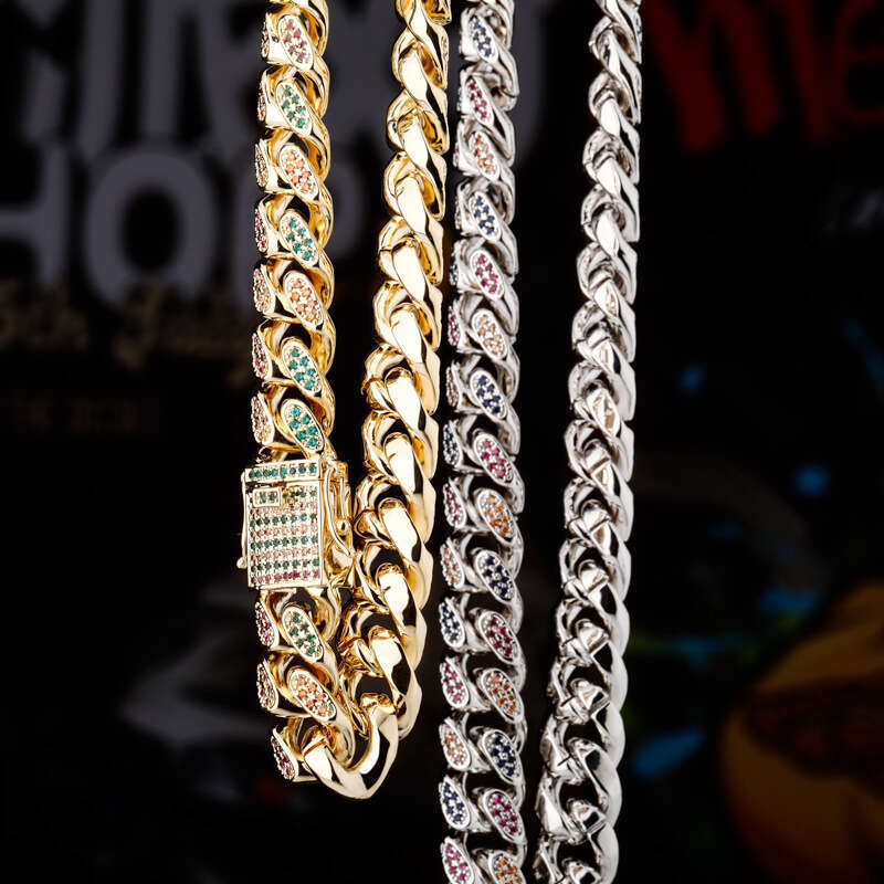 Men's Hip-Hop Colorful Necklace Hiphop Copper Inlaid Zircon 14/18mm Bar Cuban Chain