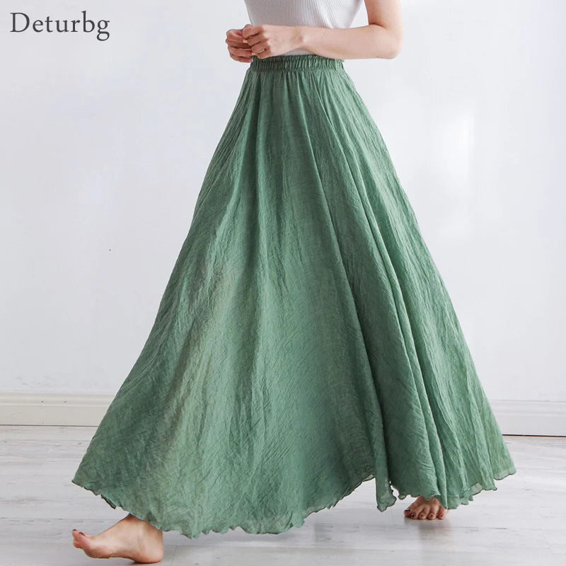 High Quality Cotton Linen Maxi Skirt Womens Casual Elastic High Waist Pleated A-Line Beach Skirts Boho Saia Feminina Faldas Jupe 250619