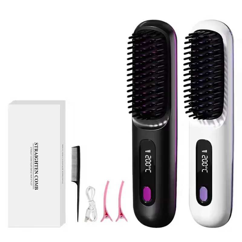 Electric LCD Usb Hair Straightener Brush -Portable Mini Hair Straightener Comb Dual Voltage with 3Temp-SettingsTravel-ReadyXJ250621