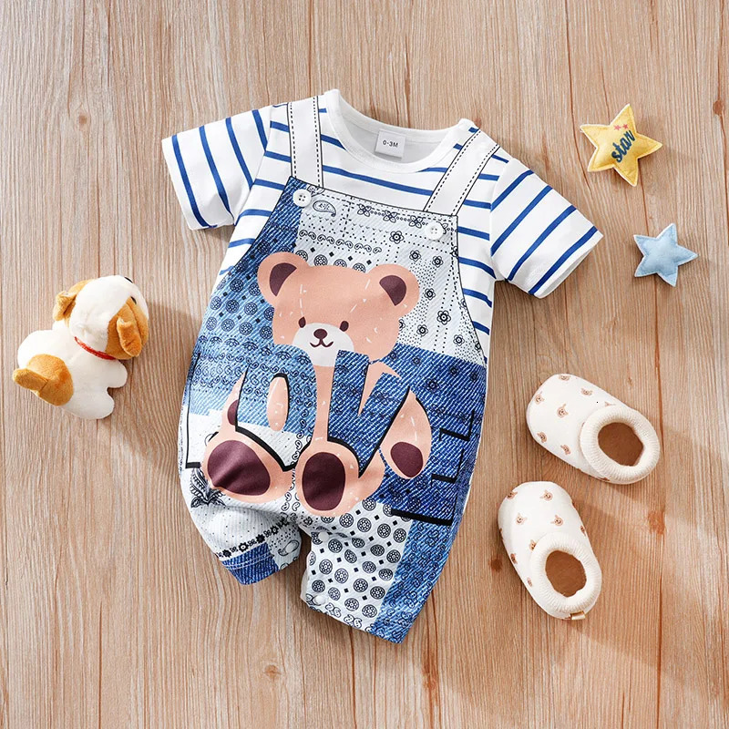 Baby Clothes Cute Cartoon Bear Shoulder Strap Comfortable And Soft 018 Boys Girls Summer Short Sleeved Jumpsuit 250619