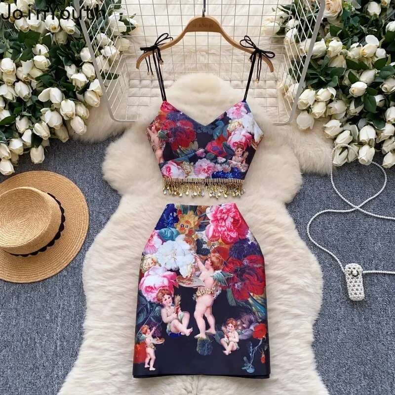 Sexy Two Piece Sets Womens Outfits Beading Tassel Tunic Vest High Waist Bodycon Mini Skirt Suit Fashion Floral Summer Clothes