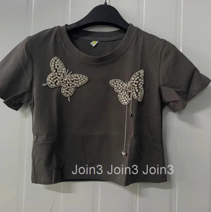 Summer Woman T Shirts Crop Tops Sweet Korean Tees Short Sleeve O-neck Slim Fit Camisetas Beading Butterfly Tshirts Ropa Mujer