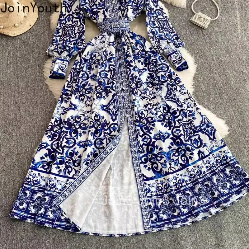 Temperament Dress Women Vestidos De Mujer Stand Neck Single Breasted Floral Robe Femme Vintage High Waist Elegant Maix Dresses