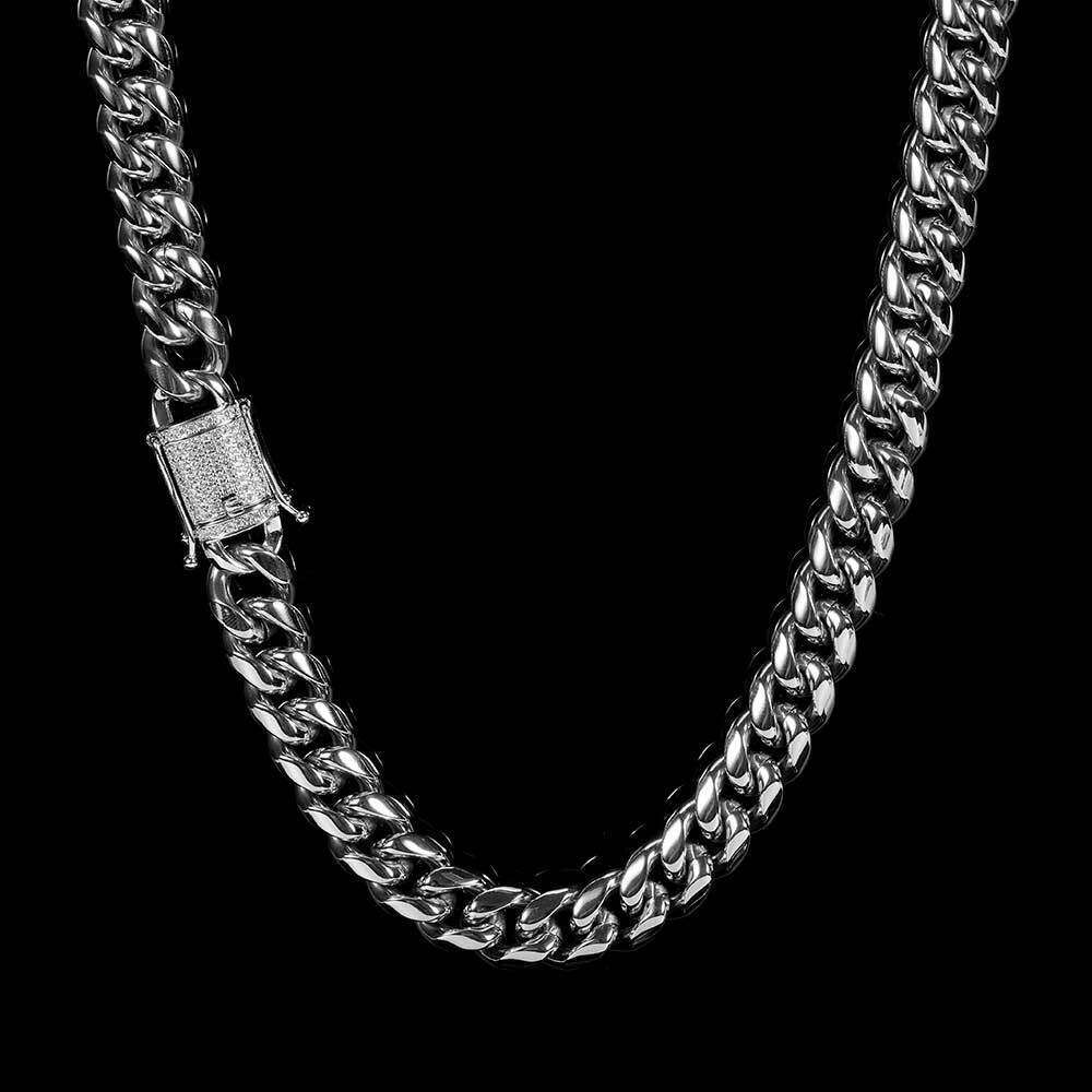 Hip Hop Men's 12mm Dia-Encrusted Buckle Stainless Encrypted Cuban Chain Real Gold Plated Titanium Steel Necklace 7a11