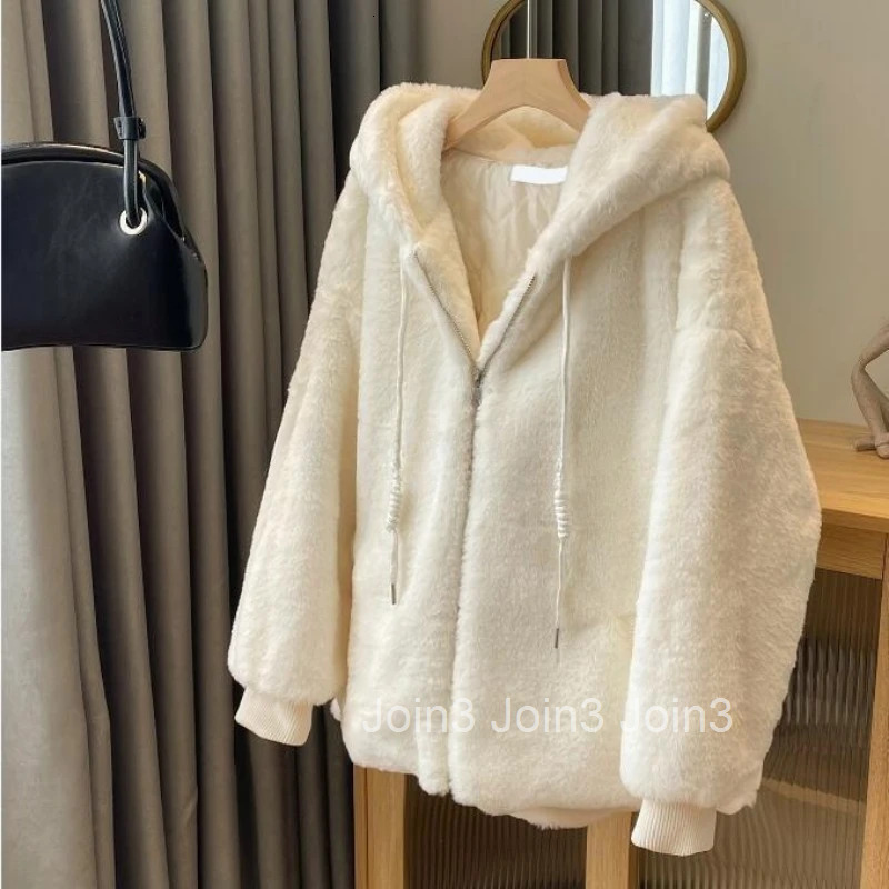 2025 Winter Clothing Hooded Lamb Wool Coat for Women Ropa Mujer Cute White Zipper Outwear Thicked Warm Japanese Y2k Jackets Tops