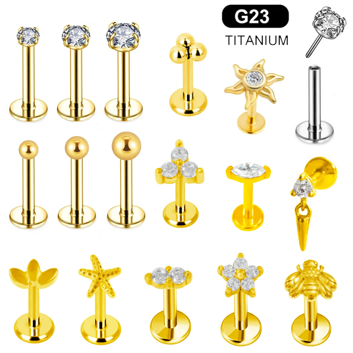 ASTM 36 G23 Labret Piercing Starfish Earring Stud Bee Leaf Push In CZ Threadless Cartilage 161820G Body Jewelry 250613