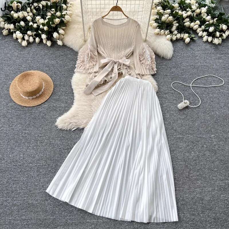 Temperament Two Piece Set Women Clothing Bandage Floral Irregular Tops High Waist Loose Pleated Skirt Suit Chic Vintage Outfits