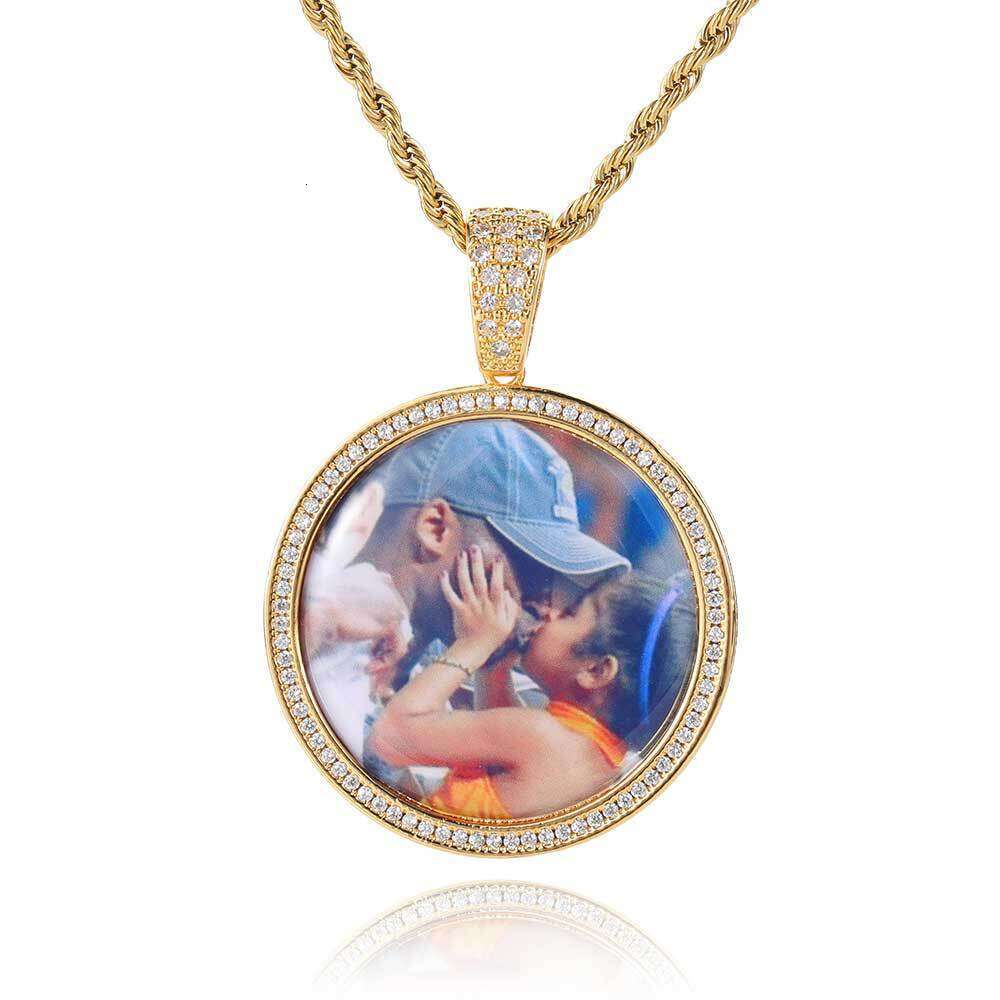 Hip Hop Jewelry Side Dia Round Photo Pendant Personality Micro Paved Zircon Memory Frame Necklace 3e5b