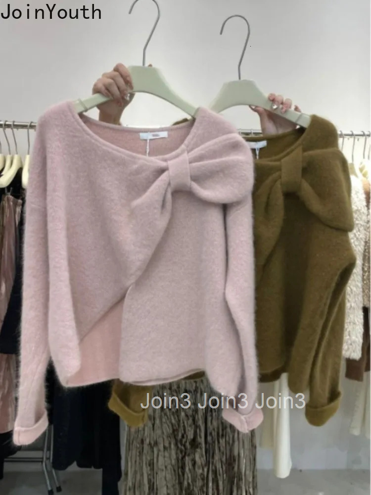 Korean Sweater Fall Winter Clothing Temperament Jumper Bow Thicked Sueter Mujer Vintage Warm Solid Color Pullovers Pull Femme