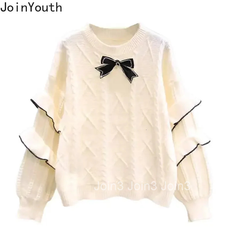 Oversized Pullovers Women Sueter Mujer 2025 Winter Clothing O-neck Ruffles Bow Jumper Fashion Sweet Knitted Sweater Pull Femme