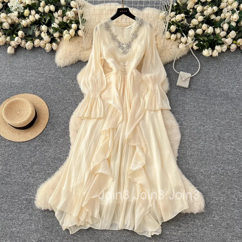 Korean Maxi Dress Women High Waist Vintage Vestidos De Mujer Elegant Heavy Diamonds Dresses V Neck Slim Waist Ruffles Robe Femme