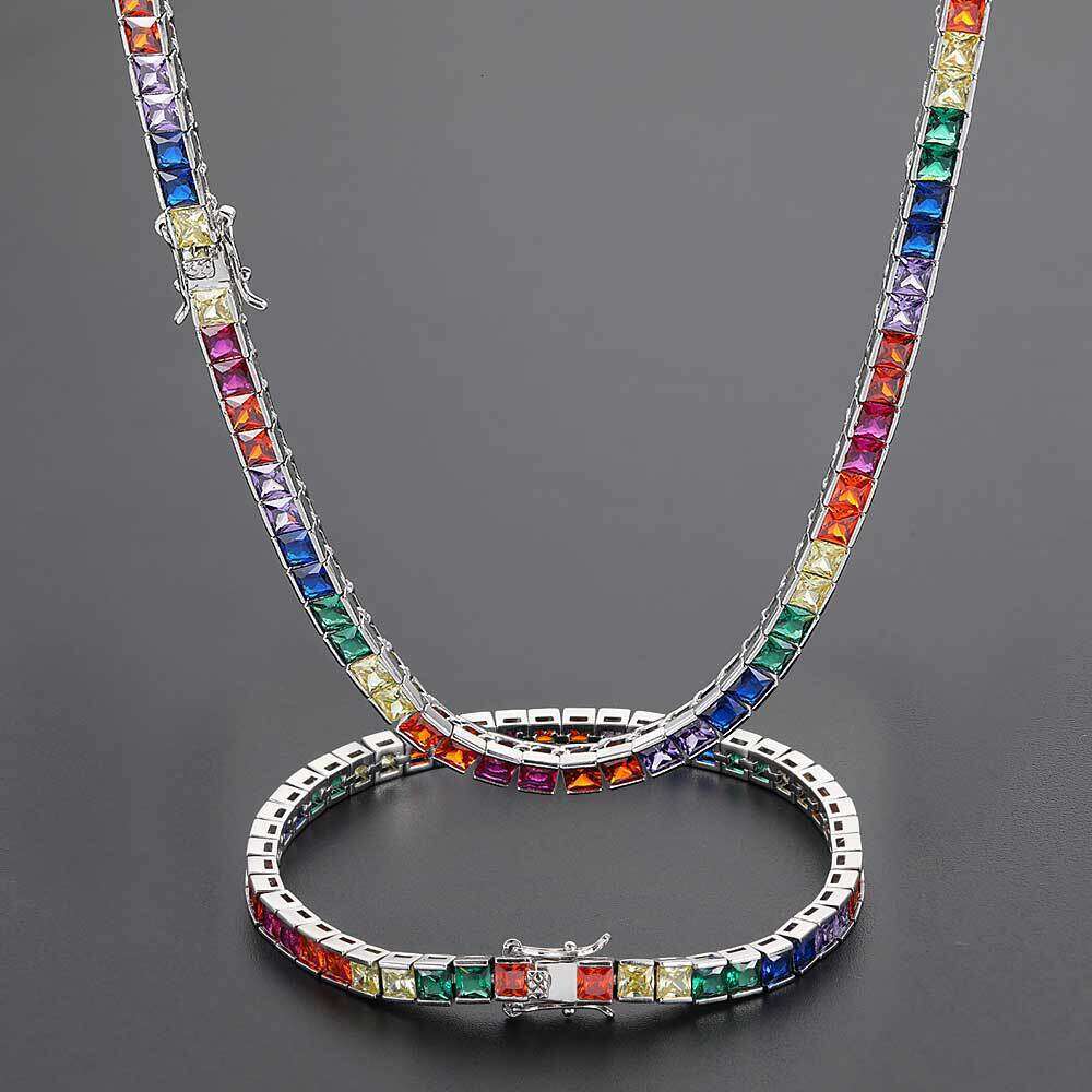 Minimalist Hip-Hop Jewelry 4mm Tennis Chain Copper Inlaid Colorful Square Zircon Trendy Bracelet Necklace e727