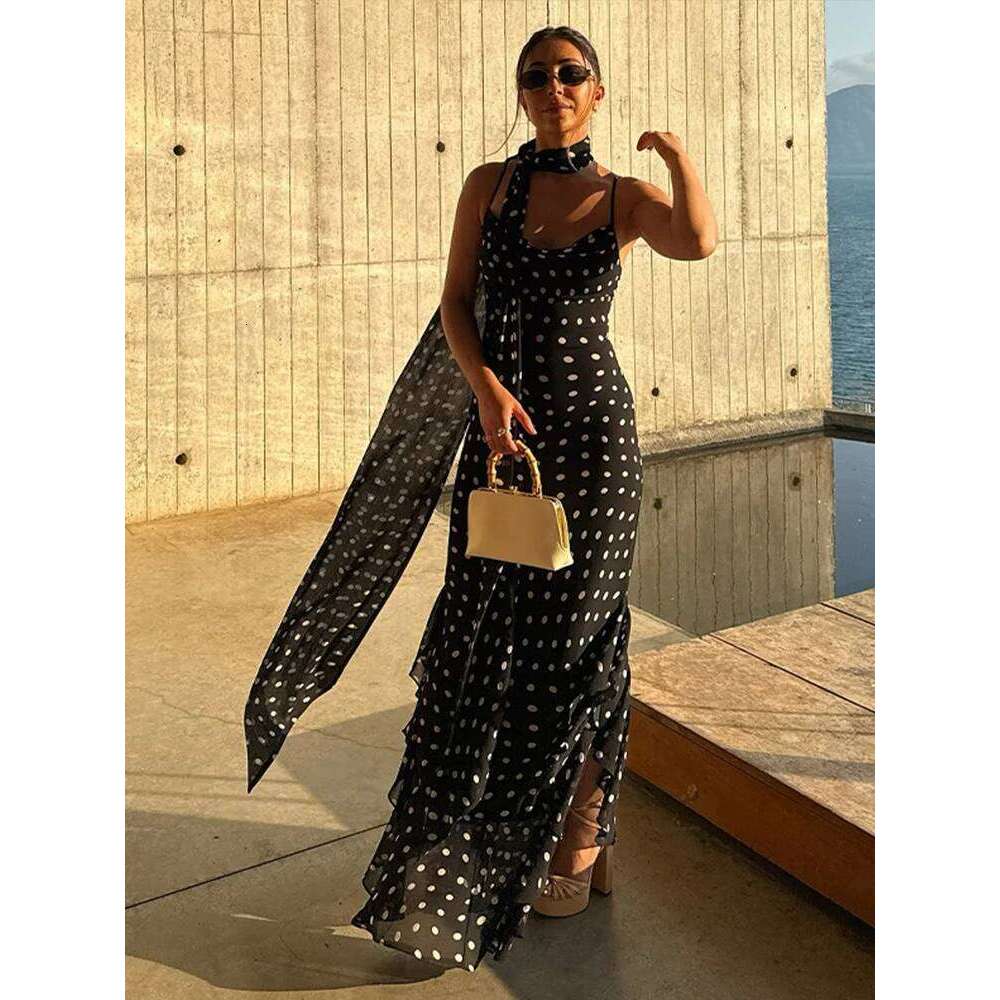 Retro Polk Dot Long Dress With Ribbon Women Sexy Low Cut Sleeveless Pleated Slim Evening Dresses Female Spring Chic Street Party