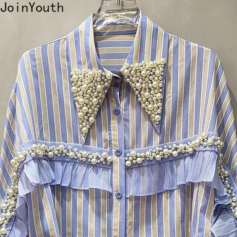 2025 Blusas Mujer De Moda Chic Striped Blouses Womens Clothing Long Sleeve Heavy Beading Loose Shirts Ruffles Sweet Blouse Tops