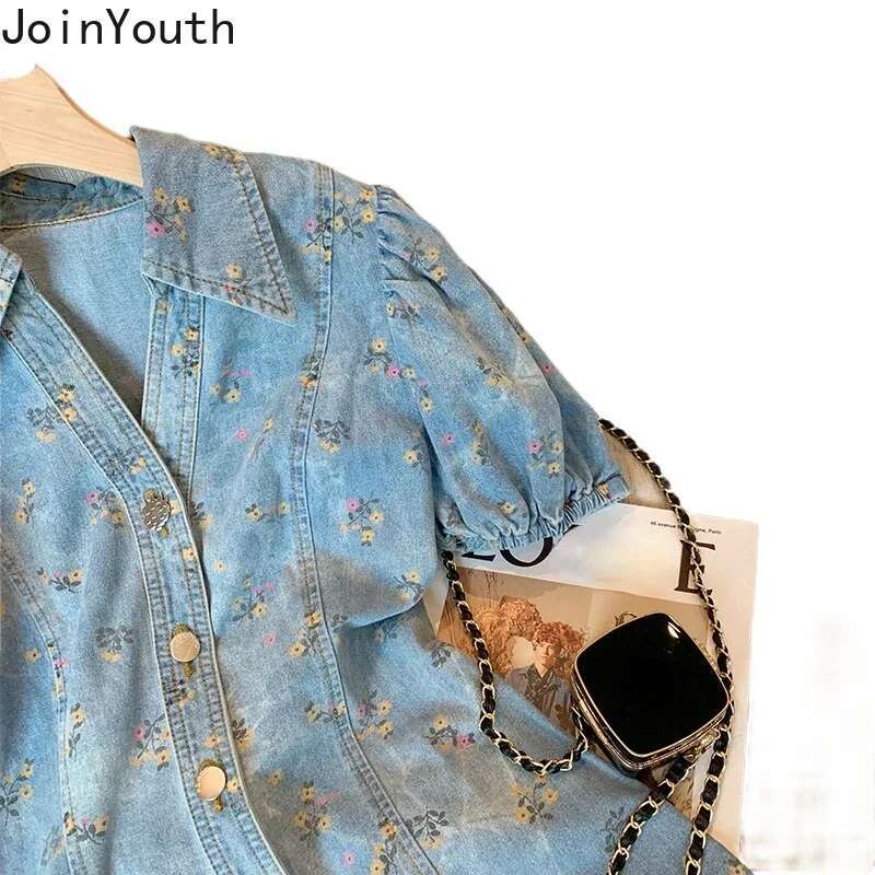 Floral Denim Dress Women Vintage Slim Fit Puff Sleeve Sweet Robe Femme 2025 Vestidos De Mujer V-neck Casual Chic Summer Dresses
