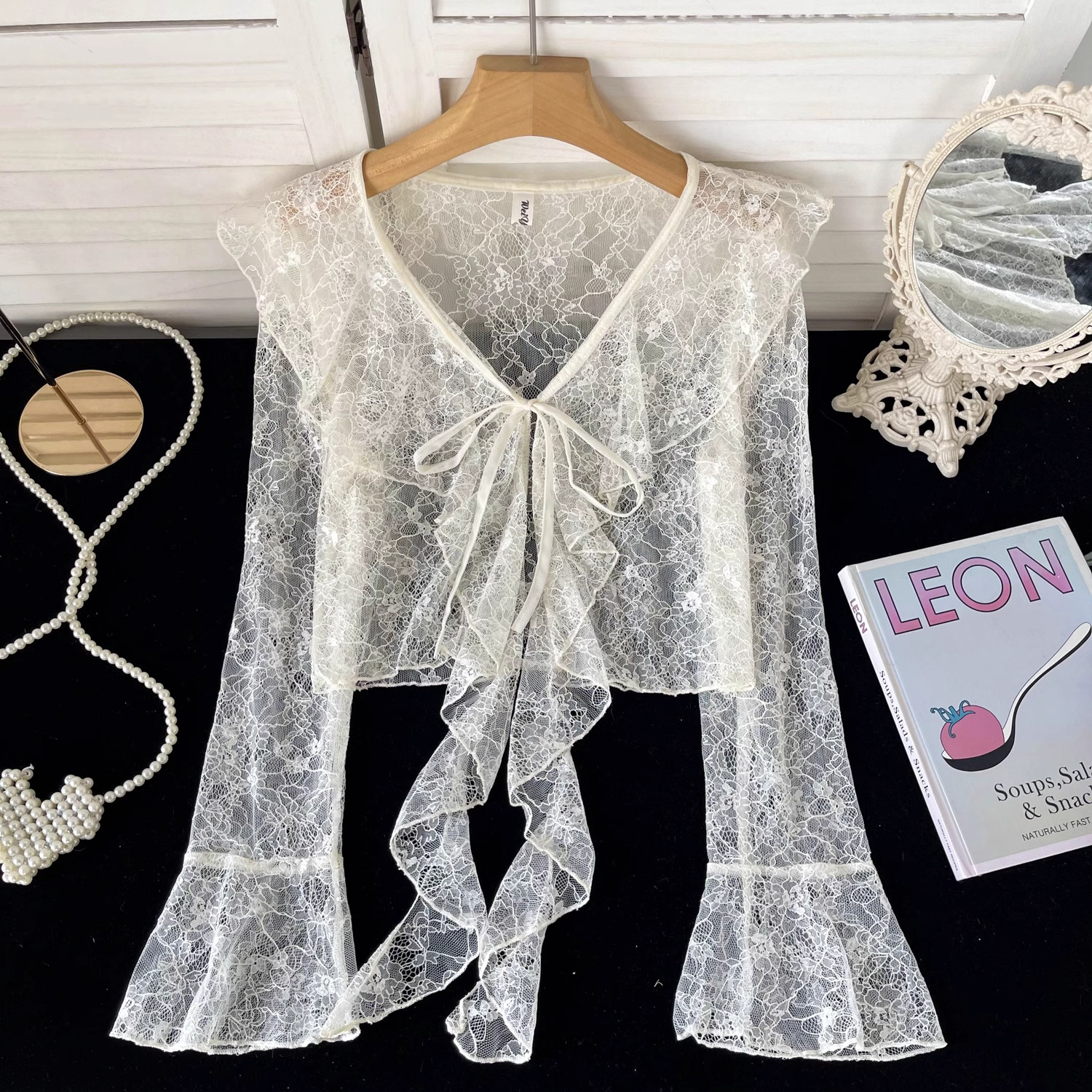 K1104 Ruffled Lace Short Lace Sun Protection Cardigan Women's Summer Thin Flared Long Sleeve Chiffon Jacket Shawl Top