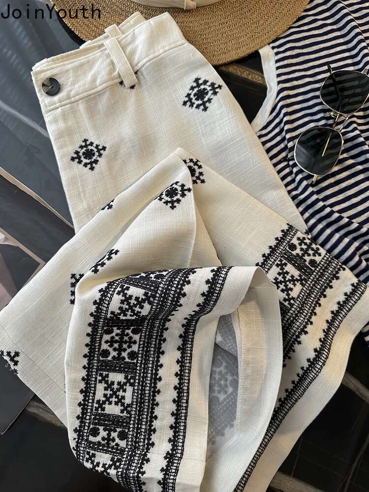 Summer Print Wide Leg Pants for Women New Bottoms Vintage Embroidery Straight Trousers Casual Fashion High Waist Pantalon Femme
