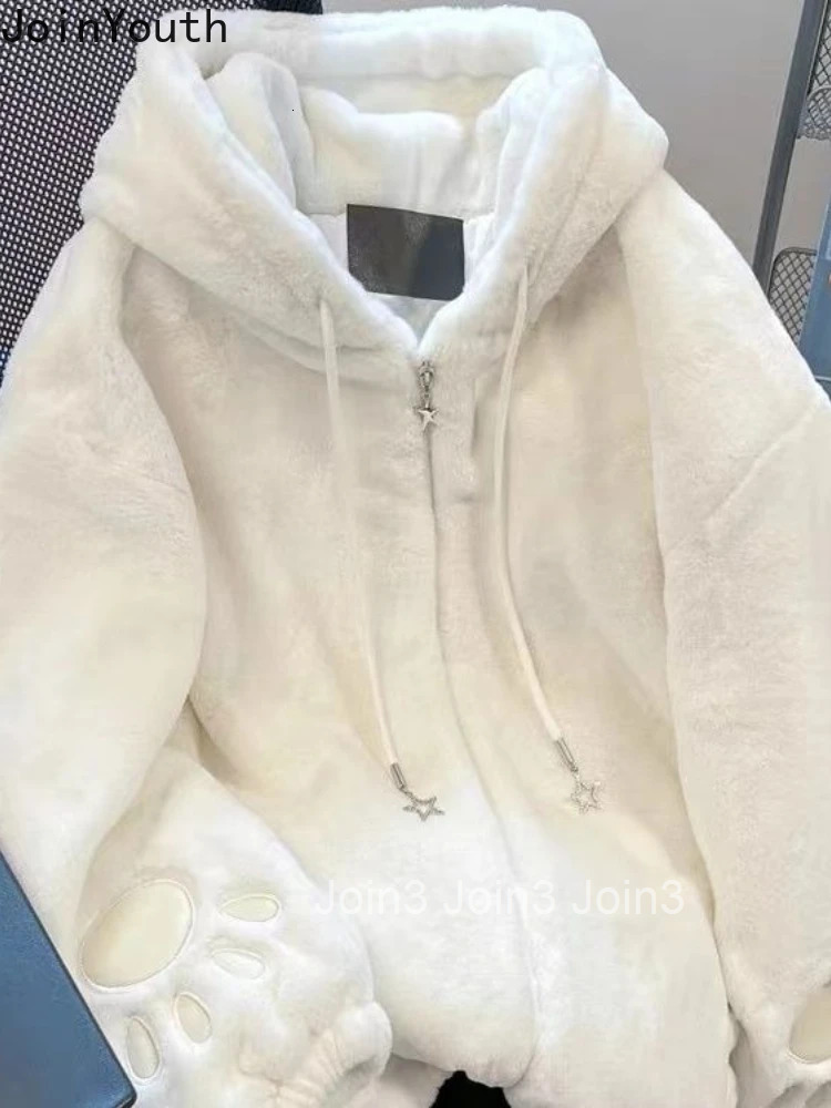 Winter Women Clothing Japanese Cute Jackets Hooded Rabbit Ear Zipper Thicked Warm Outwear Y2k Tops Fashion Sweet Furry Coats
