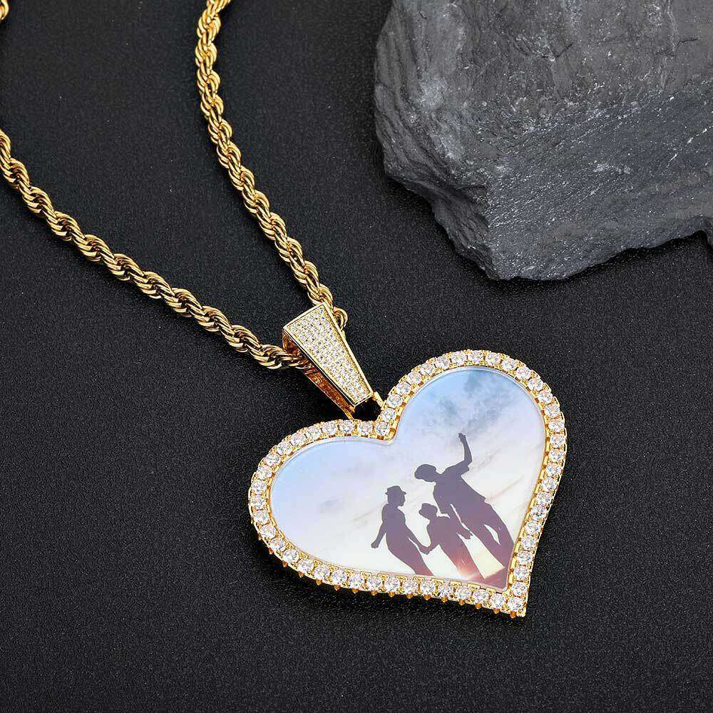Hip Hop Jewelry Large Heart Photo Frame Pendant Trendy DIY Zircon Men's Necklace 54ee