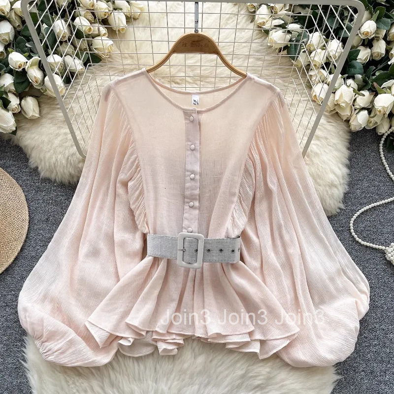 2025 Blusas Mujer De Moda Vintage Women Shirt Folds Slim Waist Blouses Long Sleeve O-neck Temperament Tops Puff Sleeve Chic Tops