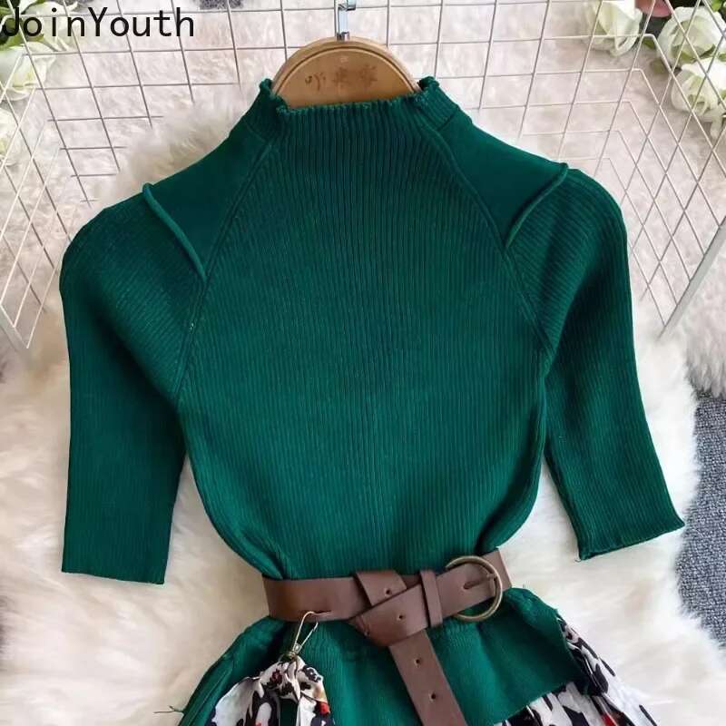 Contrast Color Floral Dresses Women Stand Neck Short Sleeve Temperament Robe Femme 2025 Vestidos De Mujer Knitted Pleated Dress
