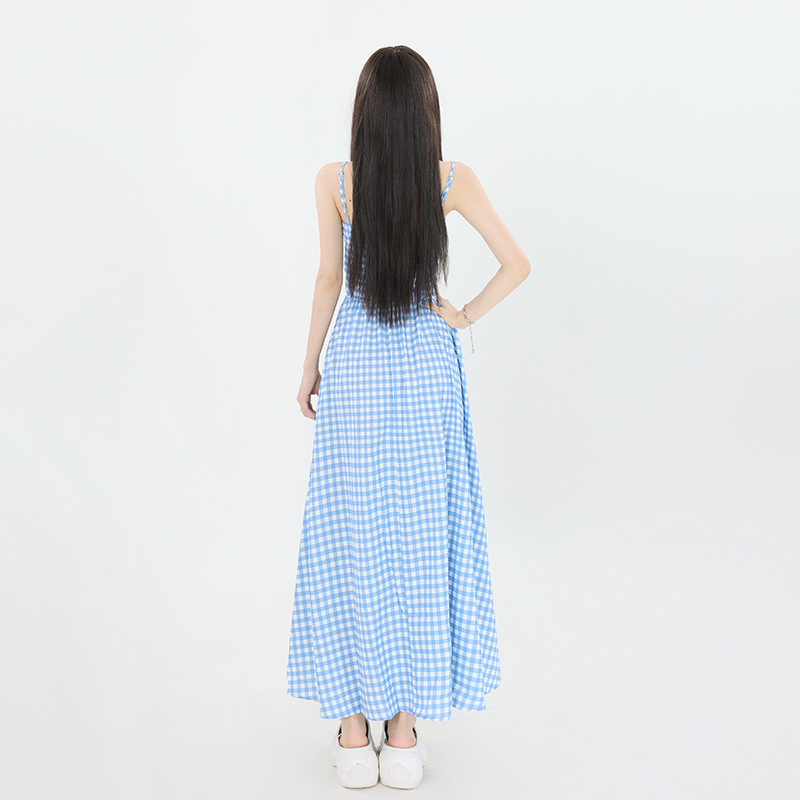 GG1503 Blue plaid dress for women, age-reducing, versatile, simple and slim, seaside vacation