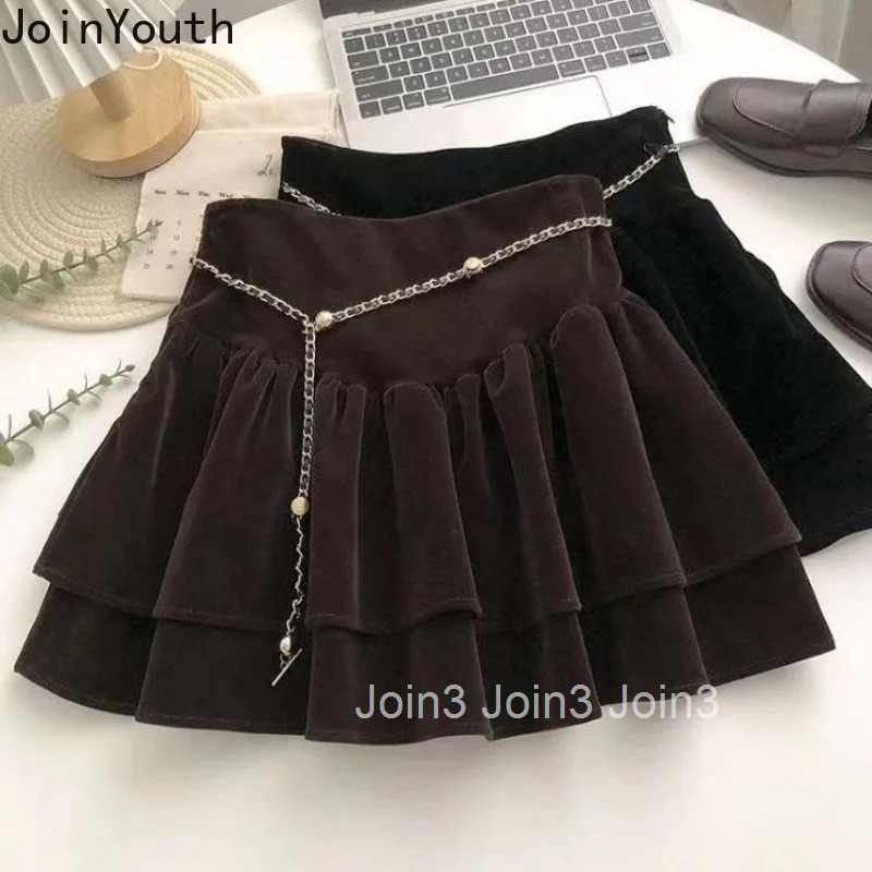Mini Skirts Women Korean Jupe 2025 Faldas Mujer De Moda High Waist A-line Saia Ruffles Vintage Velvet Thicked Skirt with Belt