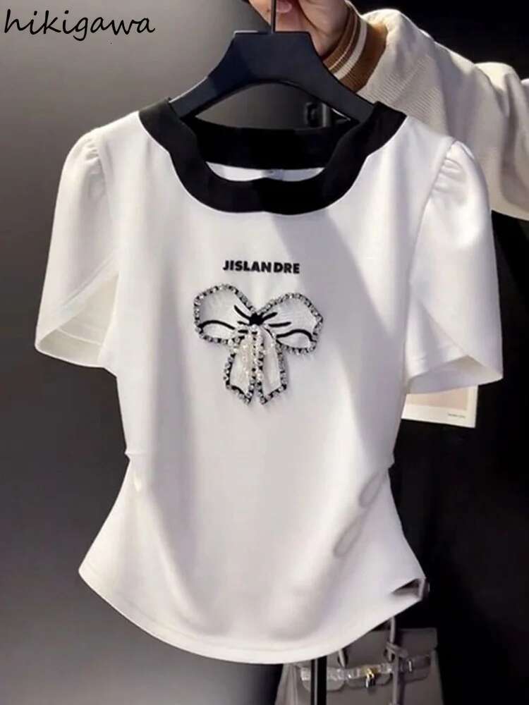 Short Sleeve O-neck Tshirts Women Clothing Summer White Tees 2025 Ropa Mujer Bow Diamond Vintage T Shirt Fashion Sweet T-shirt
